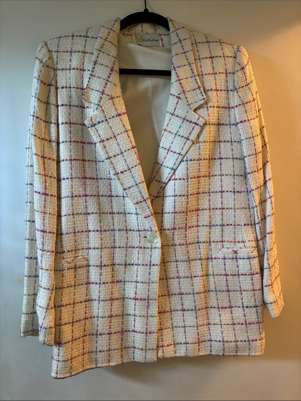 Recollections Cream Tweed Blazer with Pink and Blue Windowpane